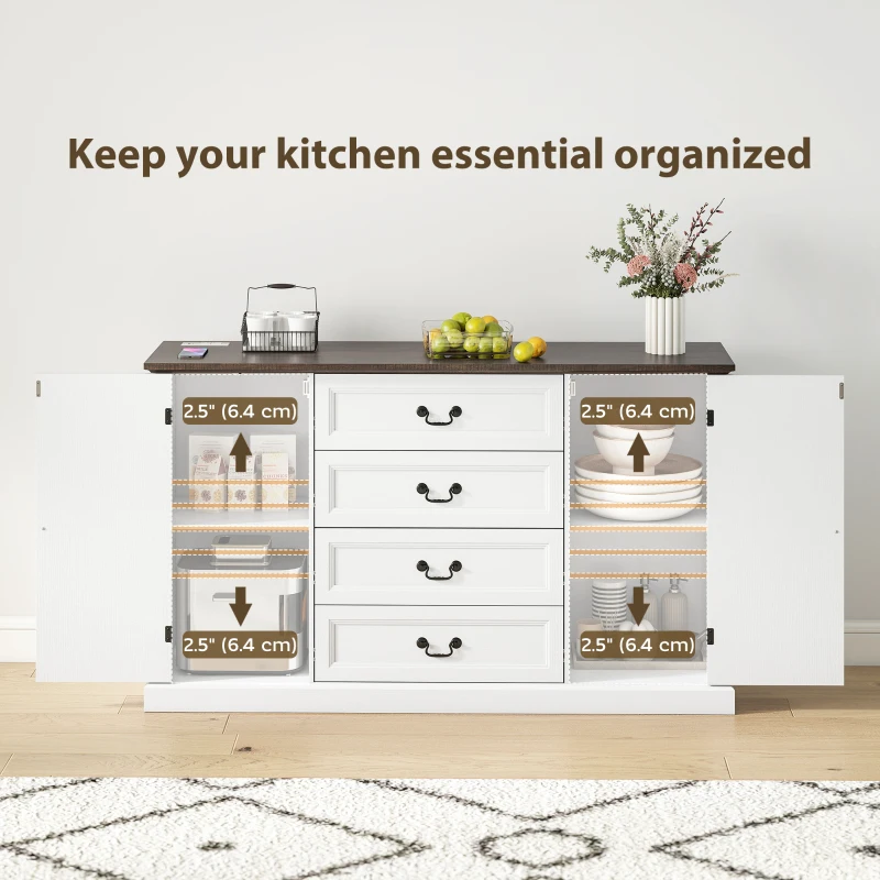 HOMCOM Farmhouse Sideboard with Charging Station, 58" Buffet Cabinet, Kitchen Storage Cabinet with 4 Drawers, 2 Doors, White