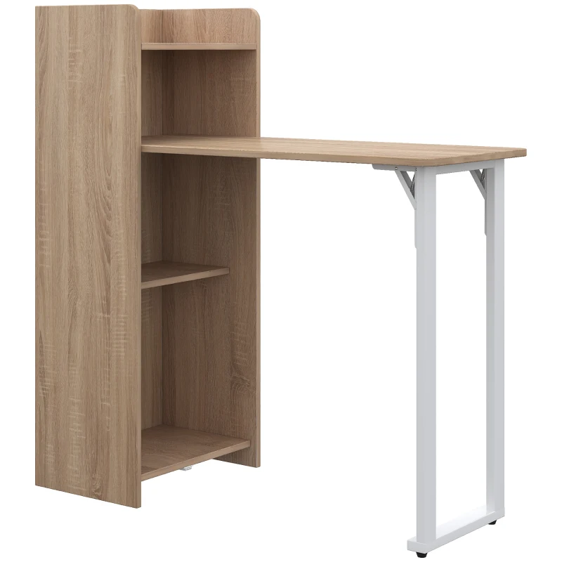 HOMCOM 2 In 1 Folding Table, Drop Leaf Table, Space Saving Dining Table with 4-Tier Shelf for Small Spaces, Oak