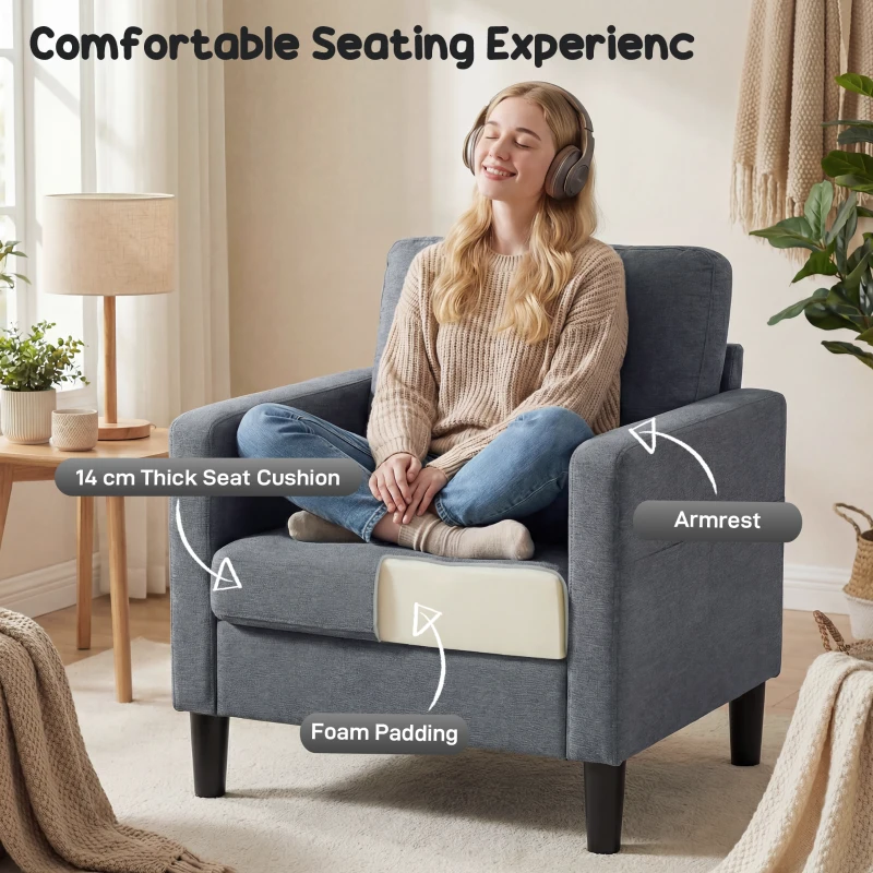 HOMCOM Accent Chair Upholstered Modern Armchair for Living Room with Thick Padded Seat and Armrests Dark Grey