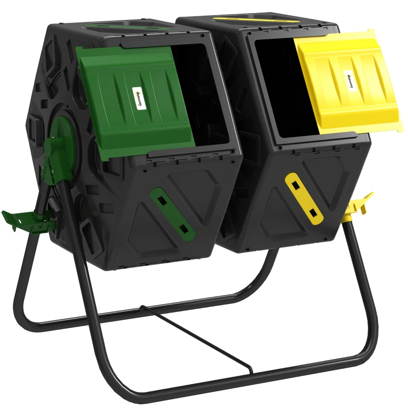 Outsunny Rotating Composter, Dual Chamber Compost Bin with 24 Vents and Steel Legs, 34.5 Gallon, Yellow and Green