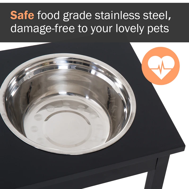 PawHut 23" Modern Decorative Raised Dog Bowls, Wooden Heavy Duty Pet Food and Water Bowl, Elevated Feeding Station, Black