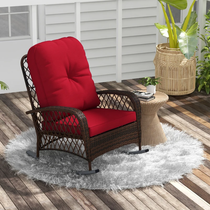 Outsunny Outdoor Wicker Rattan Rocking Chair Patio Rocker with Thick Cushions for Garden Backyard Porch, Red