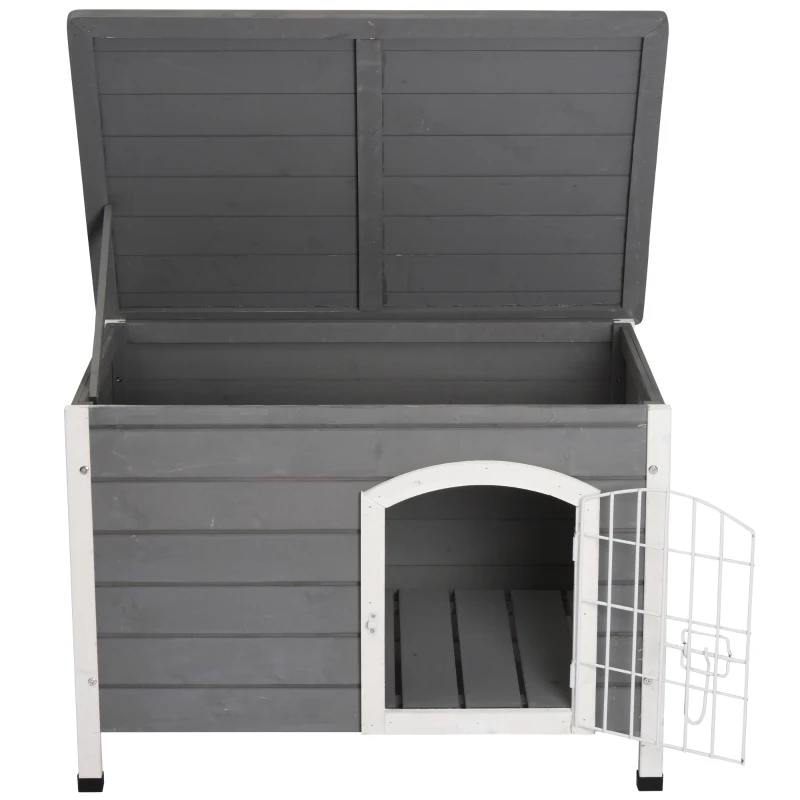 PawHut 31"L Wooden Decorative Dog Cage Kennel Wire Door with Lock Small Animal House with Openable Top Removable Bottom Gray