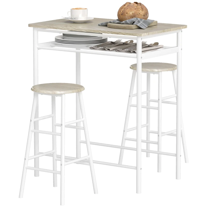 HOMCOM 3 Piece Counter Height Bar Table Set with 1 Table, 2 Matching Stools, Dining Table Set with Storage Shelf and Metal Frame Footrest, White and Oak