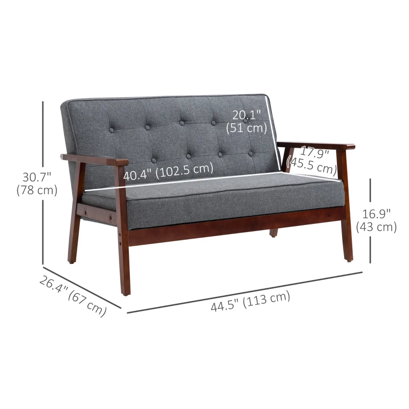 HOMCOM 44.5" 2 Seat Sofa for Bedroom, Modern Upholstered Loveseat with Button Tufted Back and Wood Legs, Grey