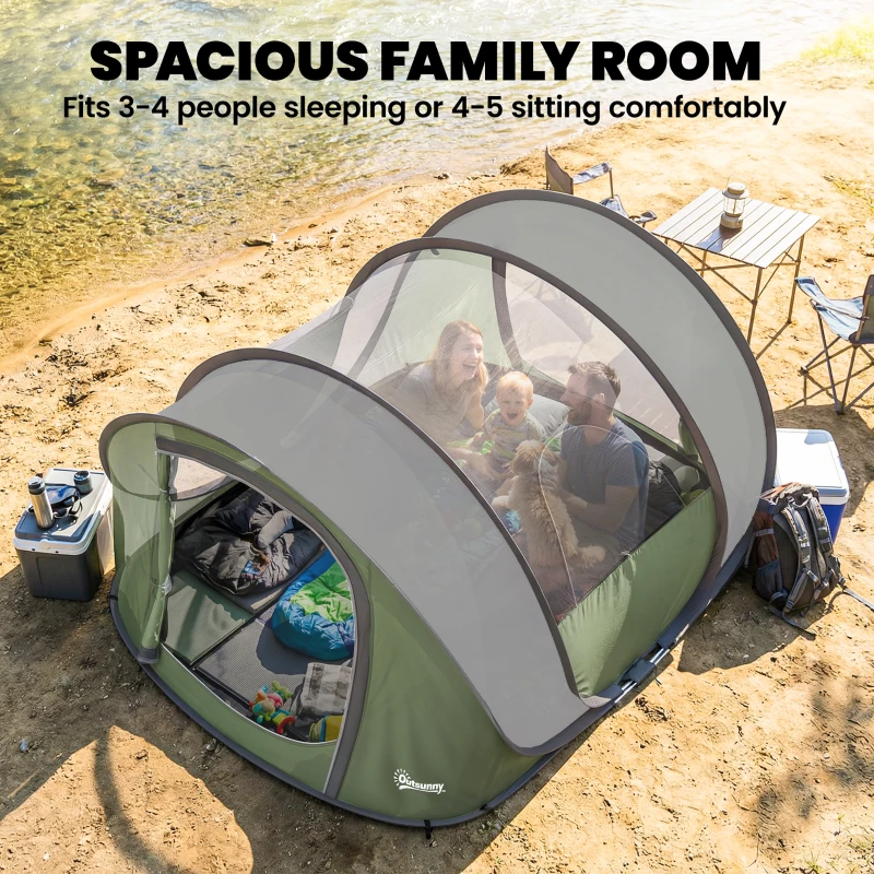 Outsunny Family Tent  Pop-Up Camping Tent with 2 Doors 2 Windows for 4-5 Person Waterproof Green