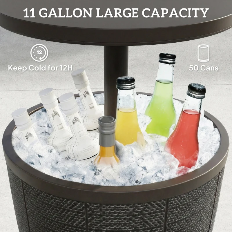 Outsunny 11 Gallon Patio Cooler Side Table, Outdoor Cooler Bar Table with Height Adjustable Top, Drainage Plug, Brown