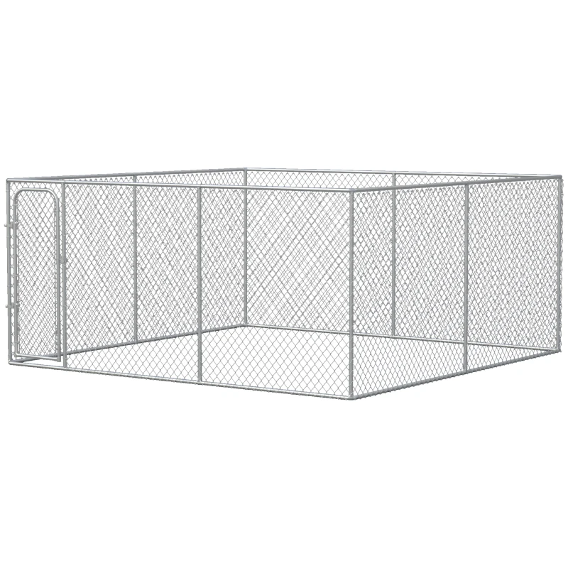 PawHut Dog Kennel Outdoor Galvanized Chain Link Fence Heavy Duty Pet Run House Chicken Coop with Secure Lock Mesh Sidewalls for Backyard Garden Silver, 13' L x 13' W x 5.9' H