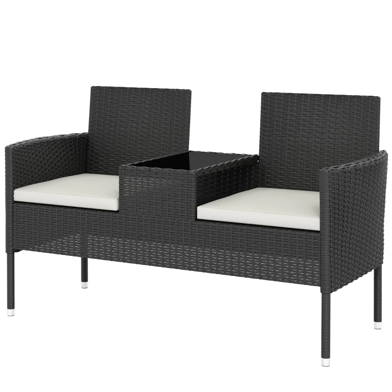 Outsunny Patio Furniture w/ Mid-Table PE Rattan Loveseat w/ Cushion, Cream White