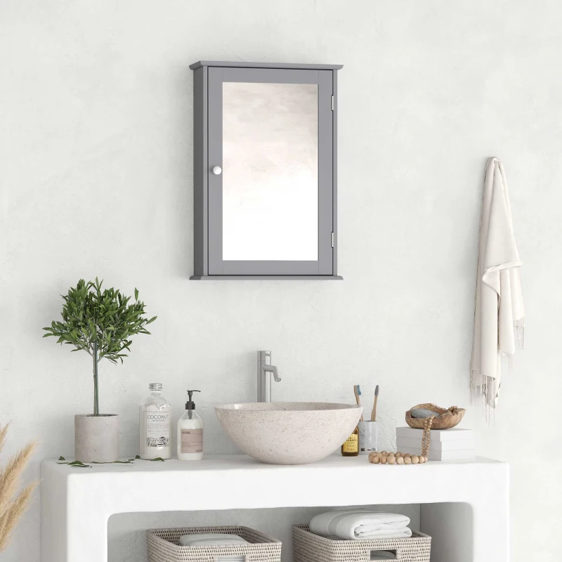 kleankin Bathroom Mirror Cabinet, Wall Mounted Medicine Cabinet with Door and Shelves, Grey