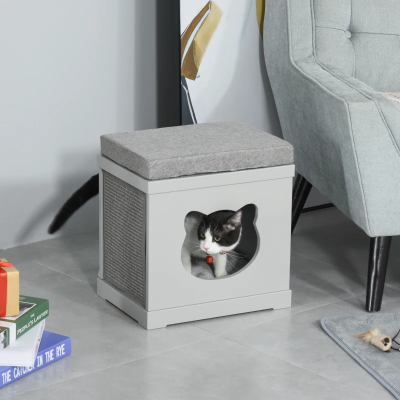 PawHut Wooden Cat Bed Cube House with Soft Padded Cushions, 2 Exterior Scratching Boards, & Interior Space, Grey