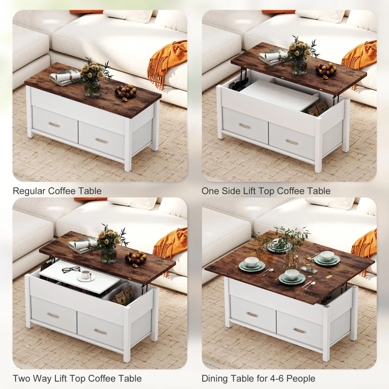 HOMCOM Lift Top Coffee Table, Center Table with 3 Hidden Compartments, 2 Fabric Drawers, Expandable Top and Charging Station