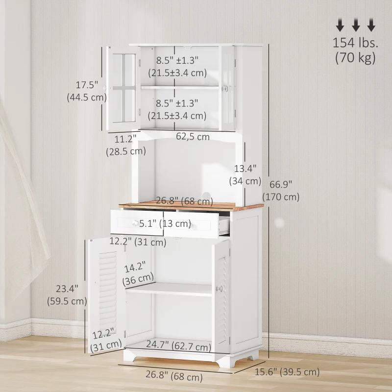 HOMCOM Coastal Style Kitchen Buffet and Hutch Wooden Storage Cupboard with Framed Glass Door LouveredCabinet  Drawers Microwave Space for Dining Room  Living Room  White
