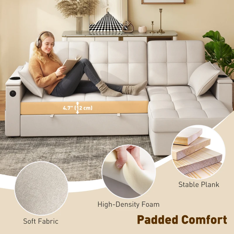 HOMCOM Convertible Sectional Sofa Bed, Pull Out Sleeper Sofa Couch with USB‑A+C, Chaise Storage, L-Shaped Futon Couch, Beige