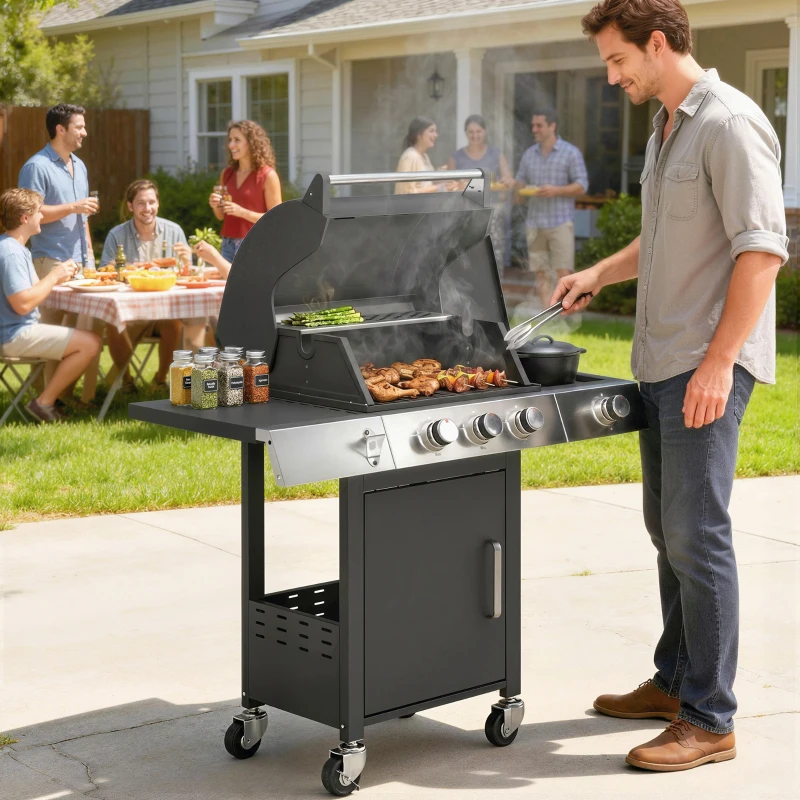 Outsunny 3 Burner Propane Gas Grill with Side Burner, 36,000 BTU BBQ Grill with Cast Iron Grates, Wheels, Warming Rack, Cabinet