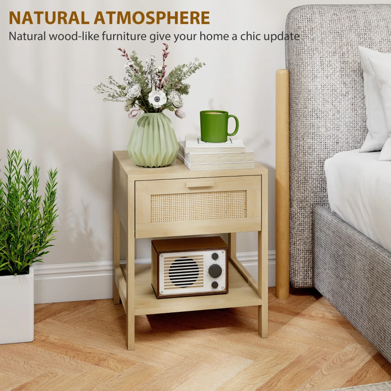 HOMCOM Narrow Nightstand with Rattan Elements, Bedside Table with Drawer and Storage Shelf for Bedroom, Set of 2, Natural Wood