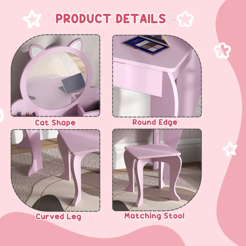 Qaba Makeup Vanity with Mirror and Stool, Cat Design, Drawer, Storage Boxes, for 3-6 Years Old, Pink