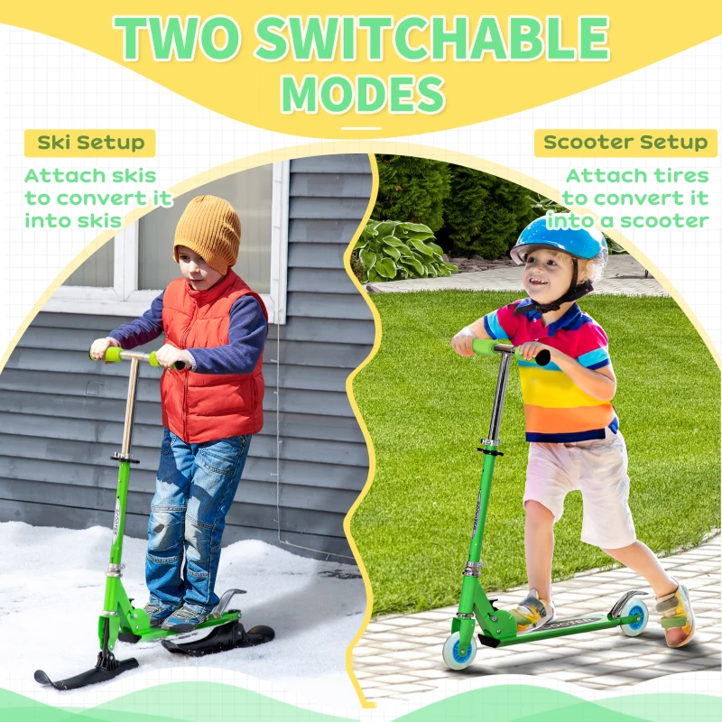Qaba Snow Scooter, 2 in 1 Design Adjustable Height Scooter Snow Sled for Kids Aged Over 7 Years Old, Foldable Kids Sled Ski Scooter with Wheels Blades, Green