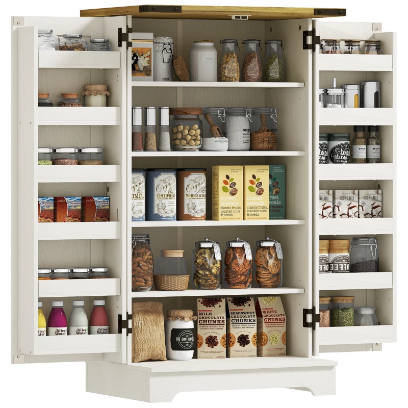 HOMCOM Farmhouse Kitchen Pantry Storage Cabinet, Kitchen Pantry Cabinet with Doors and Adjustable Shelves, Cream White