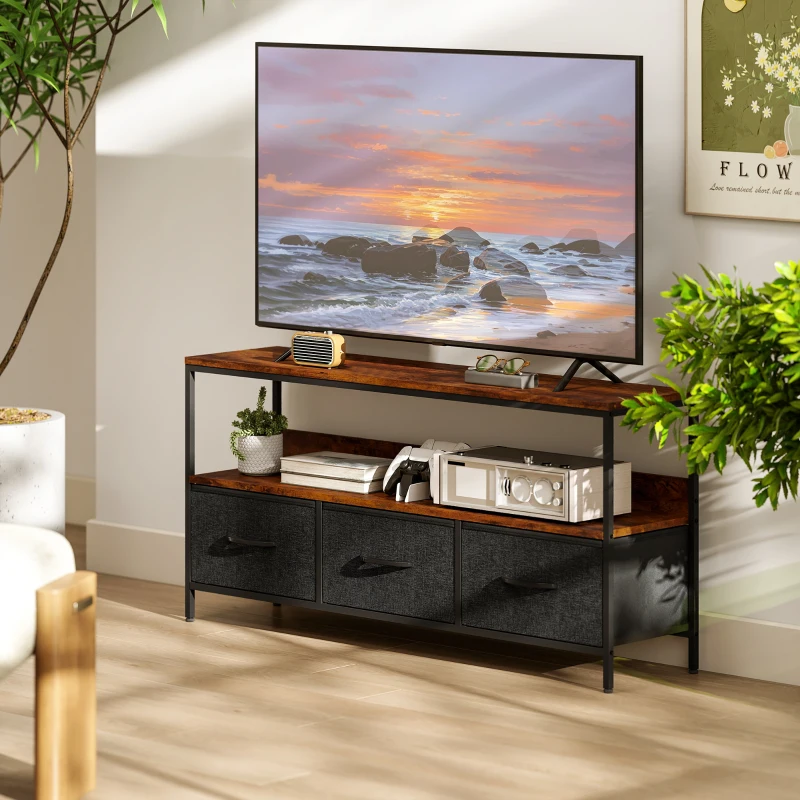 HOMCOM TV Stand with Charging Station, TV Table with 3 Foldable Linen Drawers and Open Shelf for 55 Inch Television, Rustic Brown