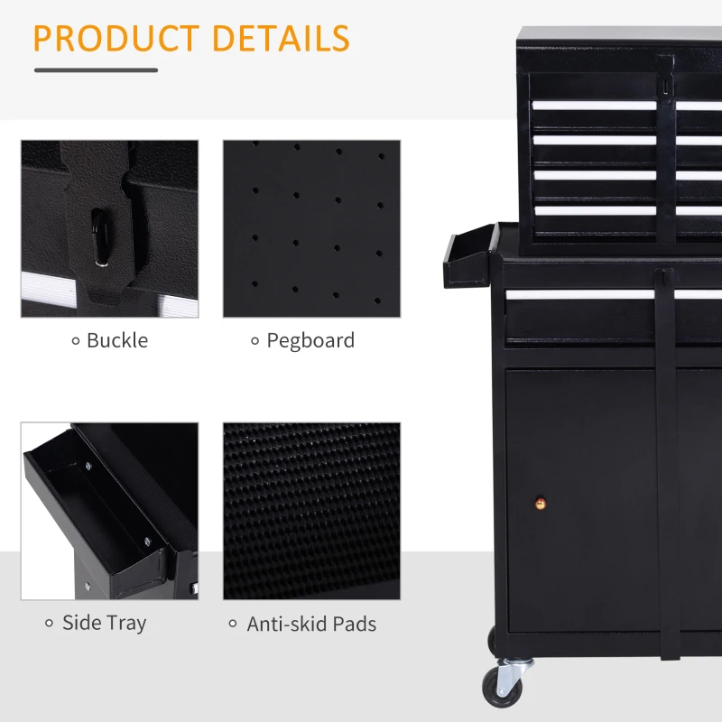 DURHAND Rolling Tool Cabinet 2 in 1 Top Chest Storage Box 5 Drawers with Pegboard and Adjustable Shelf, Black