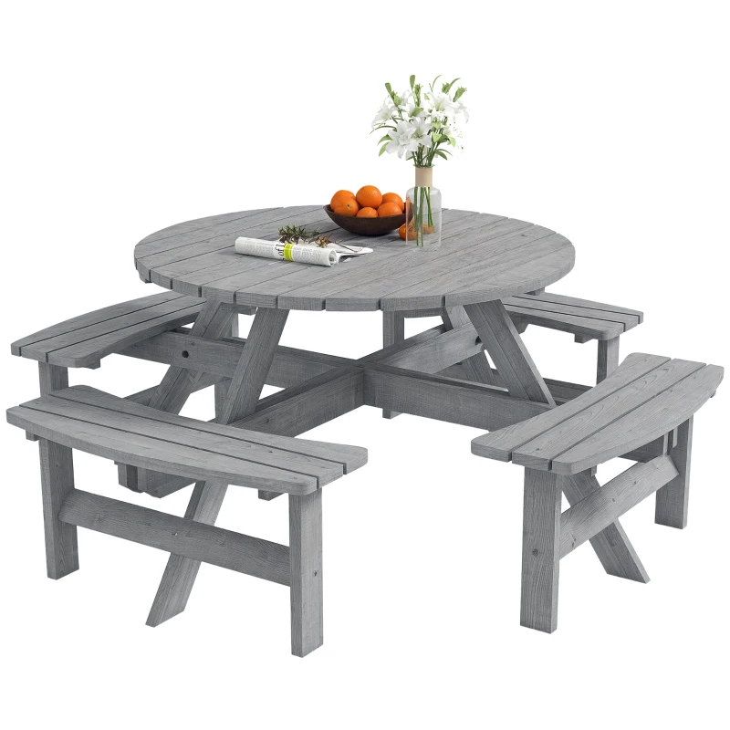 Outsunny 8 Seater Round Wooden Pub Bench & Picnic Table, Patio Dining Set for Outdoor Patio (Umbrella Not Included)