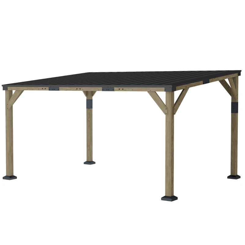 Outsunny 14' x 10' Gazebo, Lean to Galvanized Steel Hardtop Gazebo Pergola with Wood Frame, Patio Gazebo Awning, Dark Grey