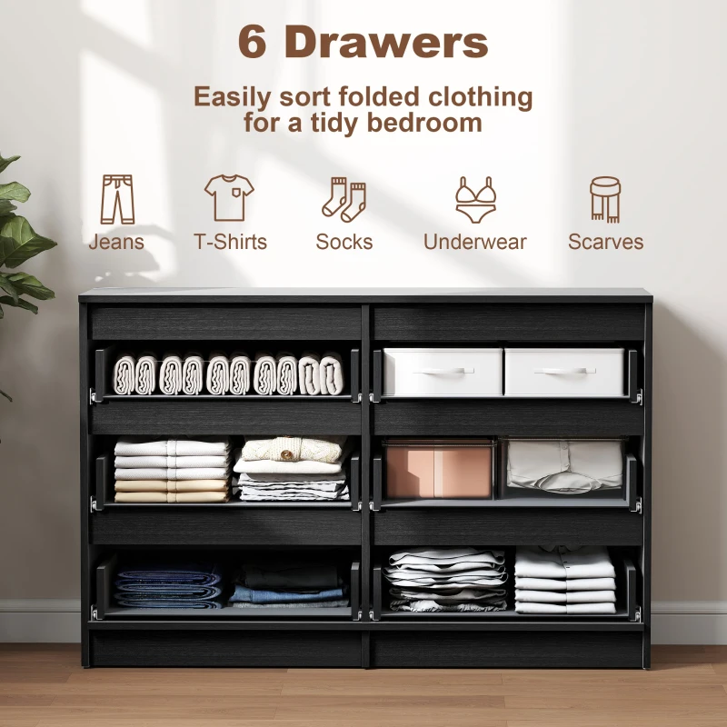 HOMCOM Wide Chest of Drawers, 6 Drawer Dresser for Bedroom, Living Room, Hallway, Modern Clothes Storage Organizer, Black