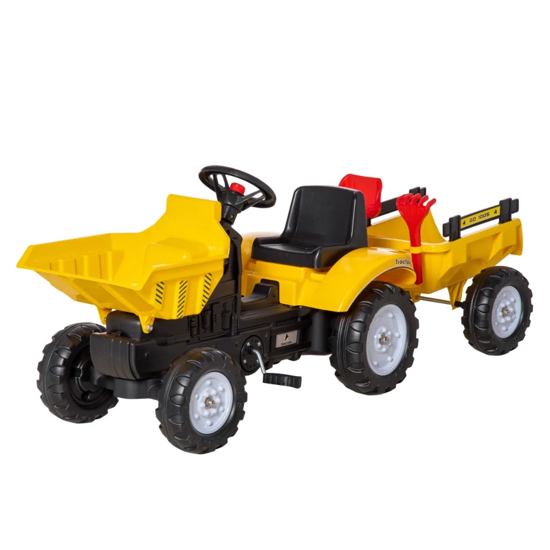 Aosom Ride on Toy Dump Truck for Kids, Pedal Construction Car with Detachable Trailer for 3 Years Old, Yellow