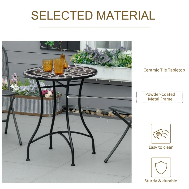 Outsunny Mosaic Patio Table, Round Coffee Table with Metal Frame, Garden Furniture for Outdoor, Poolside, Black