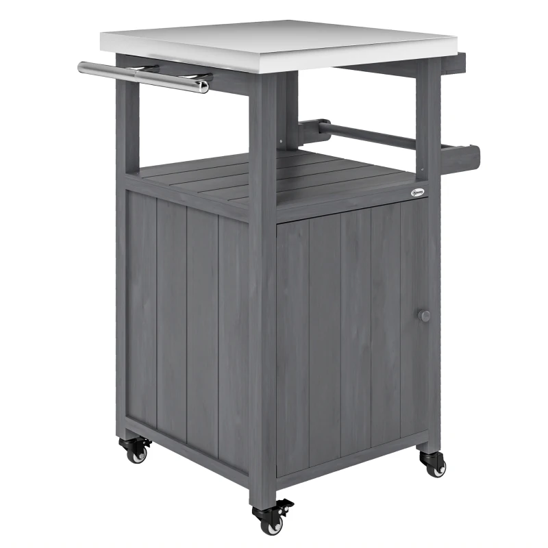 Outsunny Grill Table with Stainless Steel Top, Pizza Oven Table with Storage Cabinet, Spice Rack, Wheels, Handle, Dark Grey