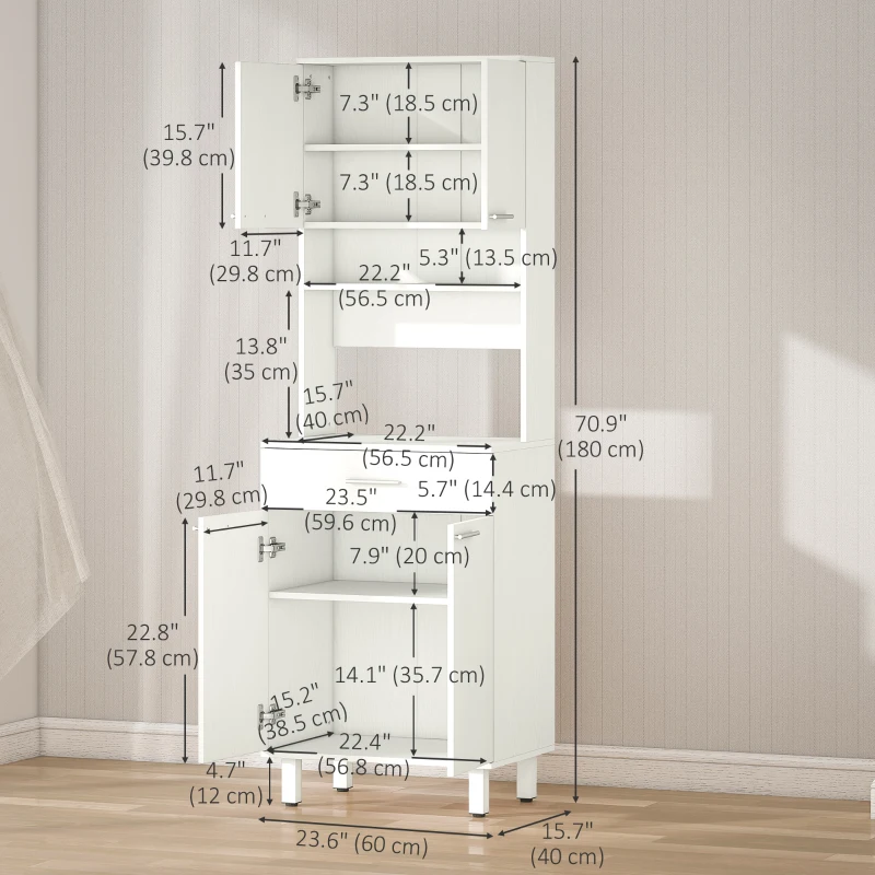 HOMCOM 71"H Freestanding Kitchen Pantry, Buffet Cabinet with Hutch, Storage Cabinet with Drawer, Doors and Microwave Stand, White