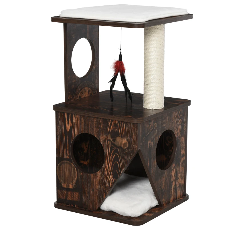 PawHut 2-Level Cat Tree Wooden Activity Tower for Pets with Super Soft Cushions, Fun Cat Feather Rope, and Scratch Posts