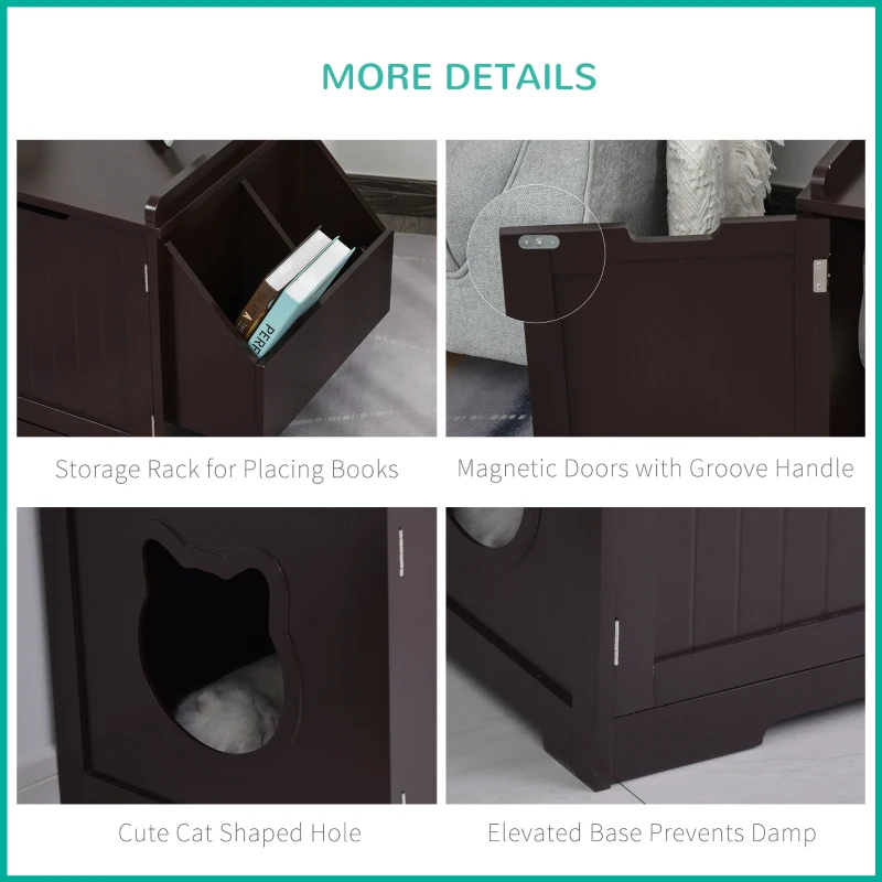 PawHut Wooden Cat Litter Box Enclosure, Hidden Cat Washroom, Kitten House with Nightstand End Table and Storage Rack Magnetic Doors, Brown
