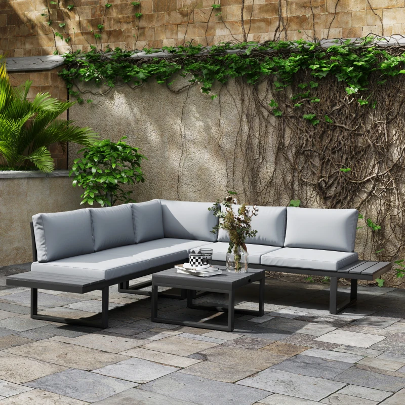 Outsunny 4 Pieces Outdoor Patio Furniture Set, 5-Level Reclining Garden Corner Sofa Set, Outdoor Lounge Conversation Sectional