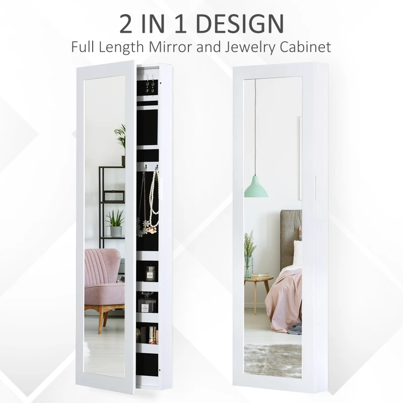 HOMCOM Mirror Jewelry Cabinet Armoire with Full Length Mirror, Wall Mounted Jewelry Organizer, White