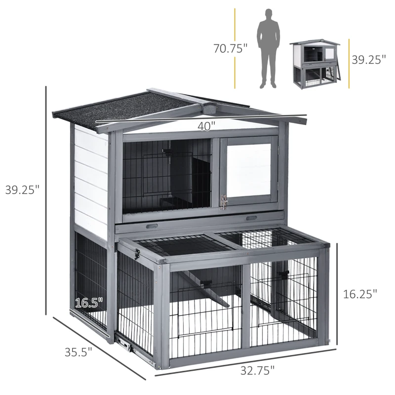 PawHut Wooden 2 Story Rabbit Hutch Bunny Cage with Slide-Out Run, Openable Roof, Lockable Doors, Ramp and No Leak Tray for Outdoor, Grey, and White