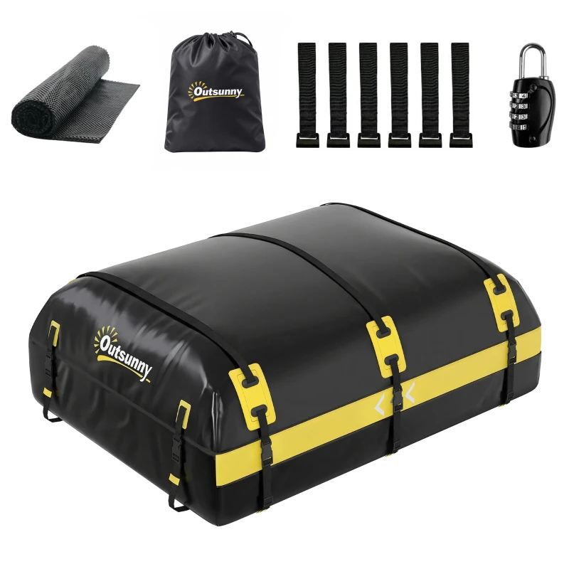 Outsunny Rooftop Cargo Carrier, 21 Cubic Feet Waterproof Soft-Shell Car Roof Storage Bag w/ Door Hooks, Reflective Arrows, Yellow
