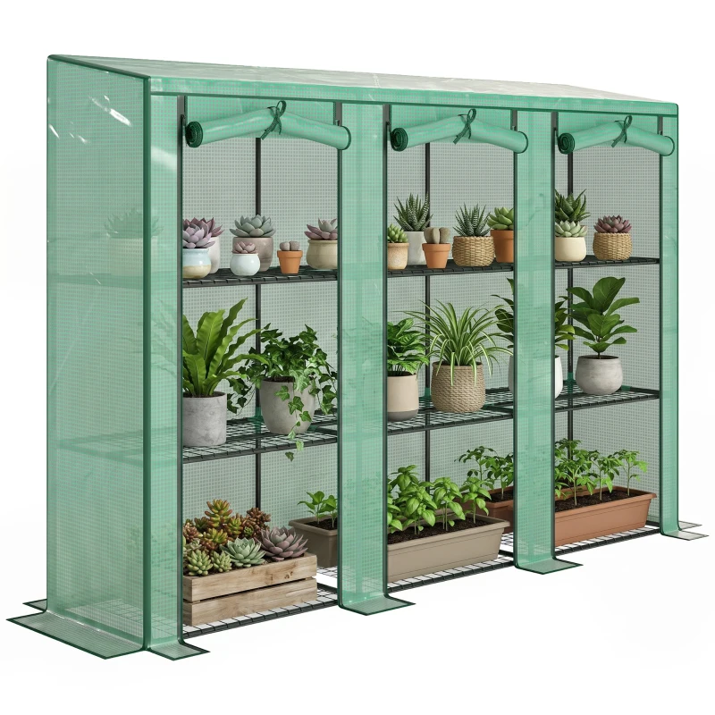 Outsunny Lean-to Greenhouse with 3 Tier Shelves, Mini Greenhouse with 3 Roll-Up Doors for Indoor Outdoor, Green