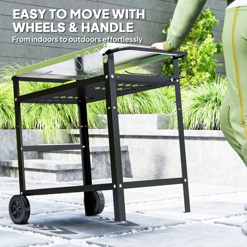 Outsunny BBQ Stand with Stainless Steel Top Adjustable Shelf, Outdoor BBQ Station with Hooks Seasoning Tray Towel Rack