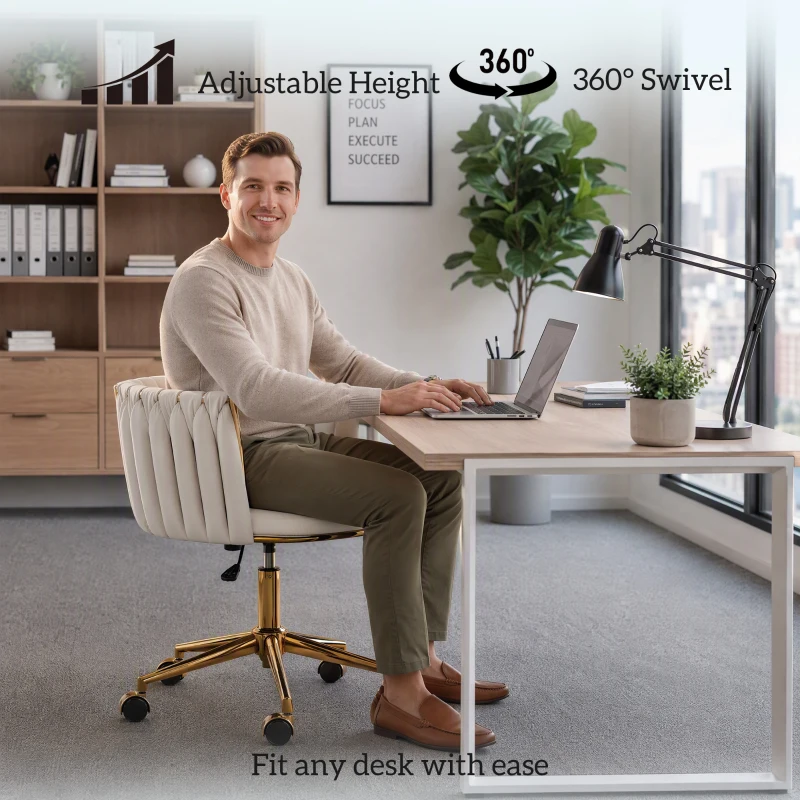 HOMCOM Office Chair, Vanity Chair with Woven Back, Adjustable Height, Rolling Wheels, Cream White