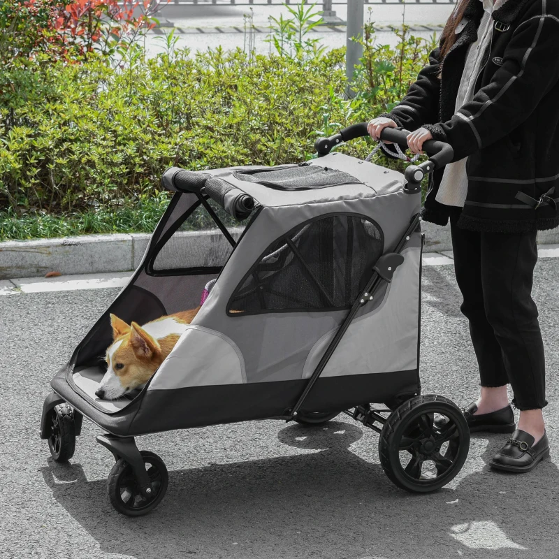PawHut Pet Stroller Foldable Dog Cat Carriage with Adjustable Handlebar Rear Door EVA Wheel Brake Storage Bag Mesh Window Safety Leash Grey