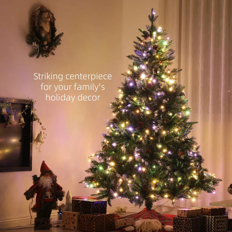 HOMCOM 7 Foot Prelit Artificial Christmas Tree with Dual Colour LED Light, Hinged Xmas Tree for Home Office Holiday
