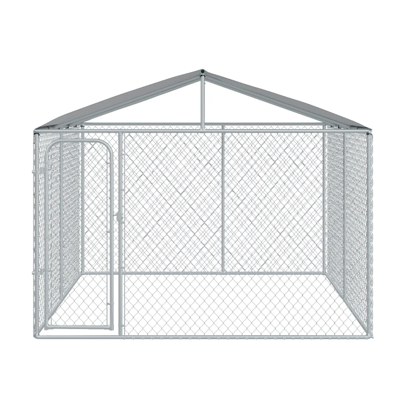 PawHut Outdoor Dog Kennel Galvanized Steel Fence with Cover Secure Lock Mesh Sidewalls for Backyard 9.8' x 9.8' x 7.7'