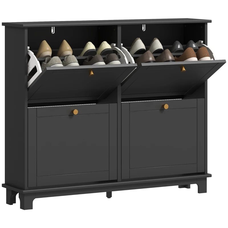 HOMCOM Modern Shoe Storage Cabinet, Narrow Shoe Cabinet with 4 Flip Drawers, Adjustable Shelves, 5 Legs for Entryway, Black