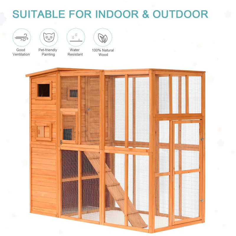 PawHut Outdoor Catio, Cat House Wooden Feral Cat Shelter, Cat Cage with Platforms, Waterproof Asphalt Roof, Ramps, 77" L, Natural