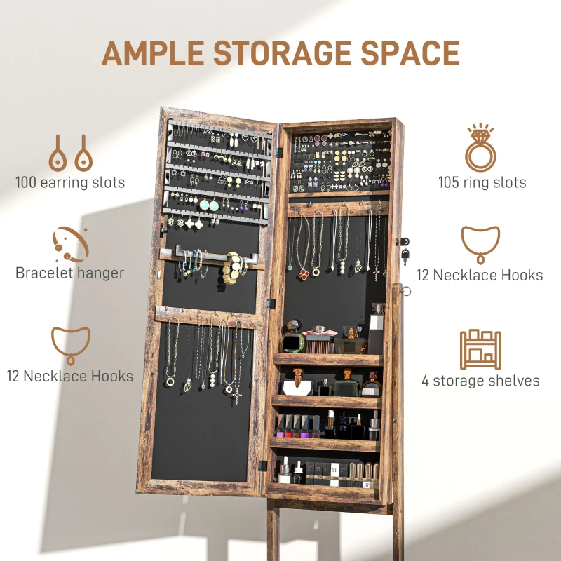 HOMCOM Lockable Mirror Jewelry Cabinet, Full-Length Mirror and Jewellery Storage with 3 Adjustable Angles, Rustic Brown
