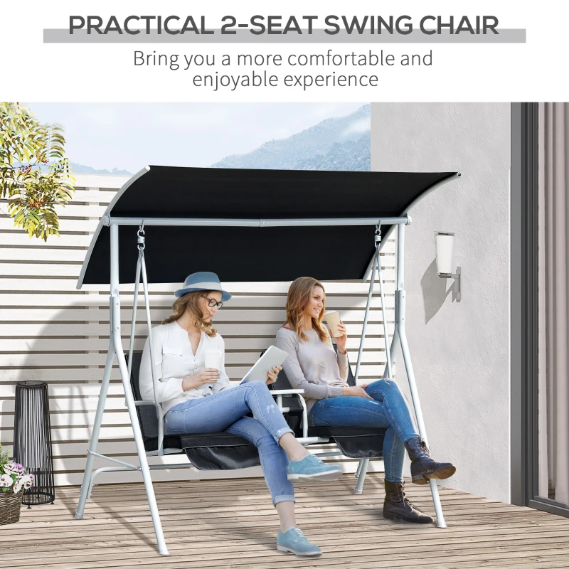 Outsunny Double Outdoor Swing Chair 2 Person Covered Swing Porch Swing w/ Pivot Table and Storage Console, Black