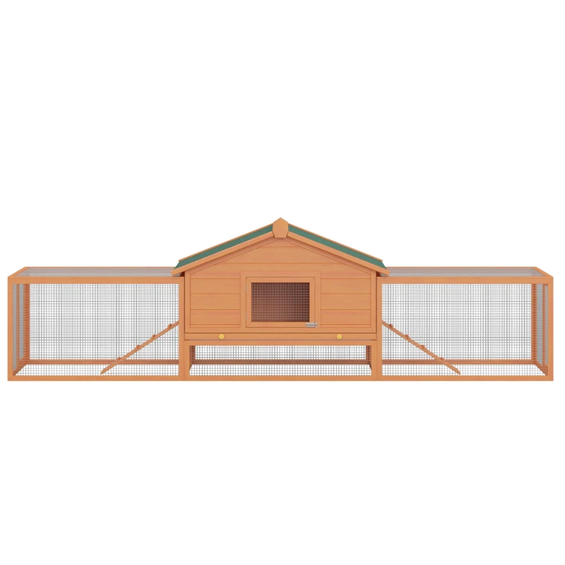 PawHut 122" Large Wooden Rabbit Hutch Bunny Hutch 2-Story Pet House Cage with Ramps, Lockable Doors, Run Area and Asphalt Roof for Outdoor Use, Natural