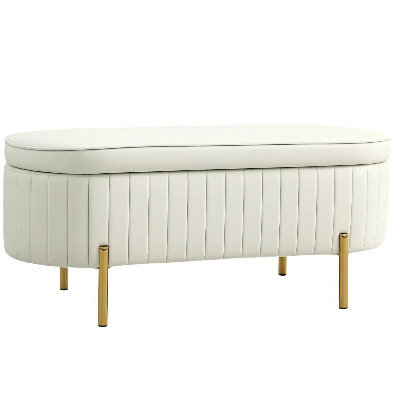 HOMCOM Upholstered Bedroom Bench, Channel Tufted Ottoman Bench with Thick Padding and Metal Legs, Cream White